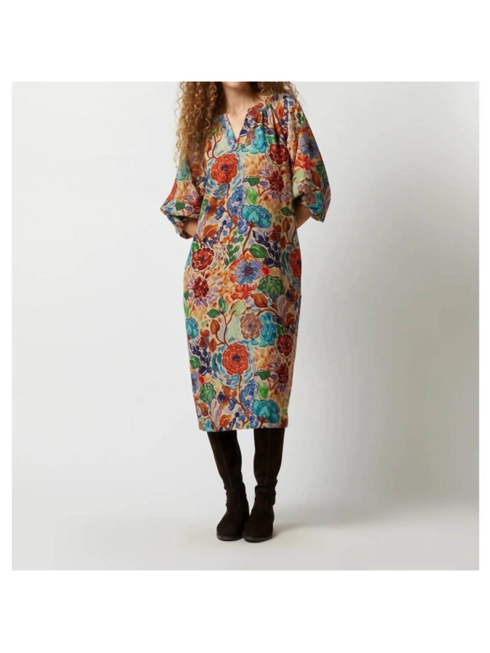 ANN MASHBURN Trapunto Blouson Dress in Multi Floral Crepe size Small NWT NEW